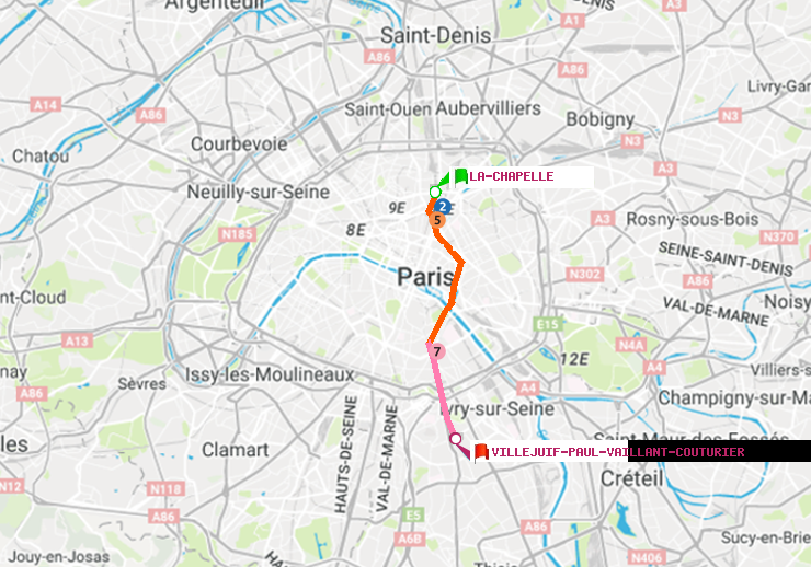 plan itinéraire ratp de La Chapelle à Villejuif-Paul Vaillant Couturier (Hôpital Paul Brousse)