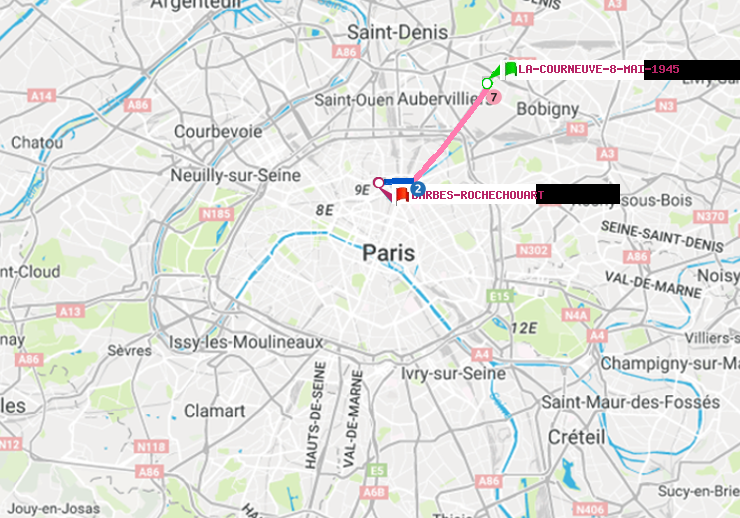 plan itinéraire ratp de La Courneuve-8-Mai-1945 à Barbès-Rochechouart