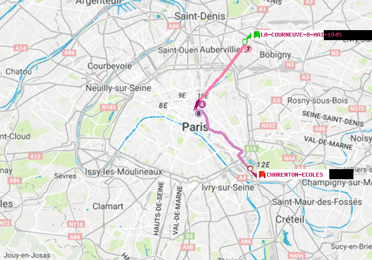plan itinéraire ratp de La Courneuve-8-Mai-1945 à Charenton-Ecoles