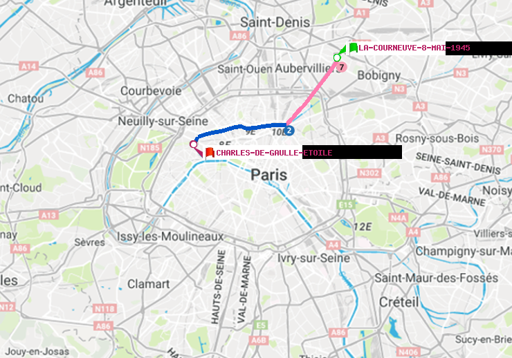 plan itinéraire ratp de La Courneuve-8-Mai-1945 à Charles de Gaulle-Etoile