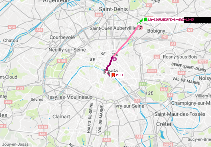 plan itinéraire ratp de La Courneuve-8-Mai-1945 à Cité