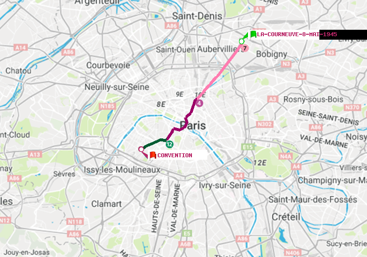 plan itinéraire ratp de La Courneuve-8-Mai-1945 à Convention