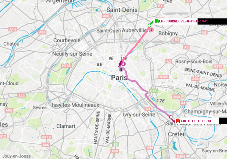 plan itinéraire ratp de La Courneuve-8-Mai-1945 à Créteil-L