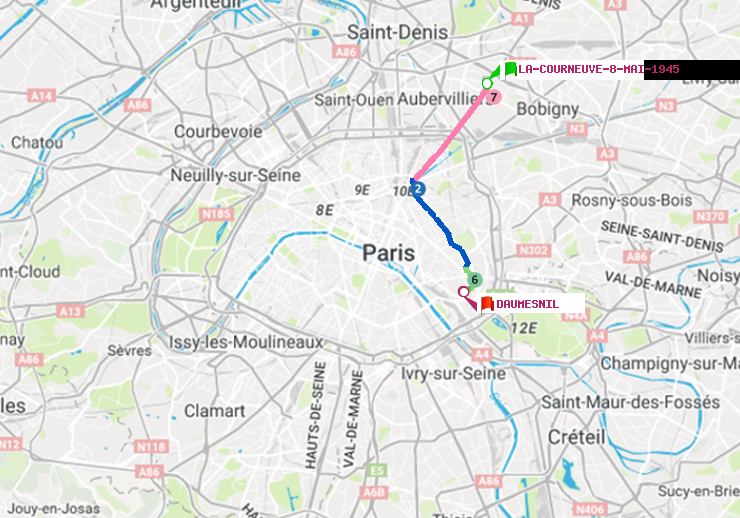 plan itinéraire ratp de La Courneuve-8-Mai-1945 à Daumesnil (Félix Eboué)