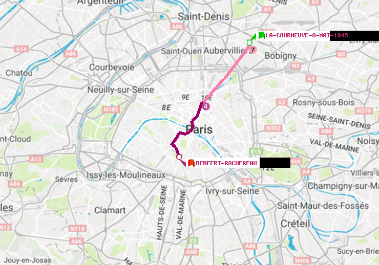 plan itinéraire ratp de La Courneuve-8-Mai-1945 à Denfert-Rochereau