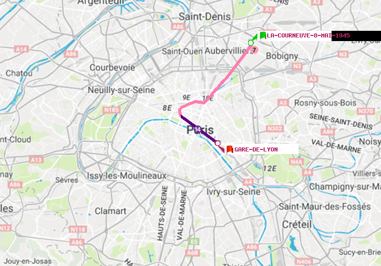 plan itinéraire ratp de La Courneuve-8-Mai-1945 à Gare de Lyon