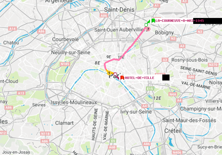 plan itinéraire ratp de La Courneuve-8-Mai-1945 à Hôtel de Ville