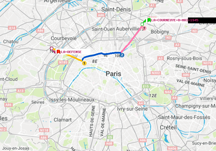 plan itinéraire ratp de La Courneuve-8-Mai-1945 à La Défense (Grande Arche)