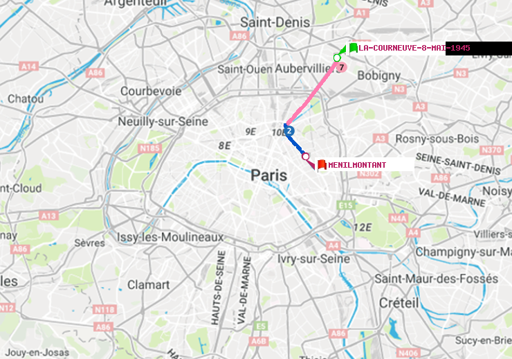 plan itinéraire ratp de La Courneuve-8-Mai-1945 à Ménilmontant