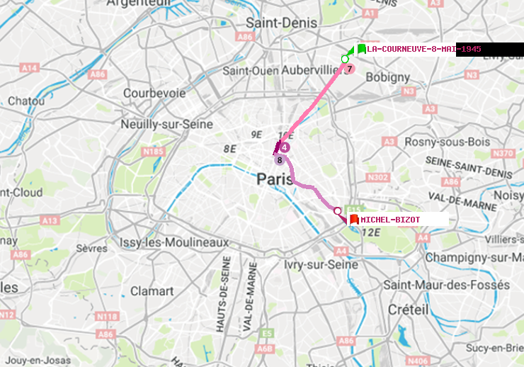 plan itinéraire ratp de La Courneuve-8-Mai-1945 à Michel Bizot