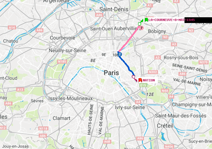 plan itinéraire ratp de La Courneuve-8-Mai-1945 à Nation