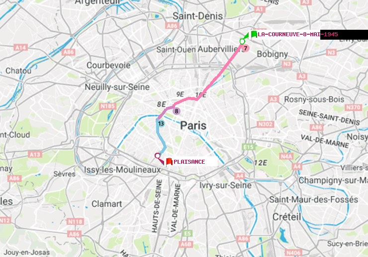 plan itinéraire ratp de La Courneuve-8-Mai-1945 à Plaisance