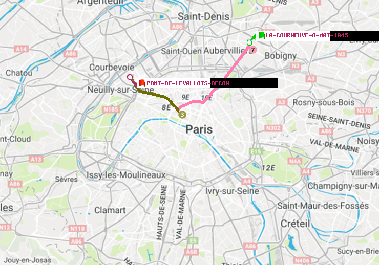 plan itinéraire ratp de La Courneuve-8-Mai-1945 à Pont de Levallois-Bécon