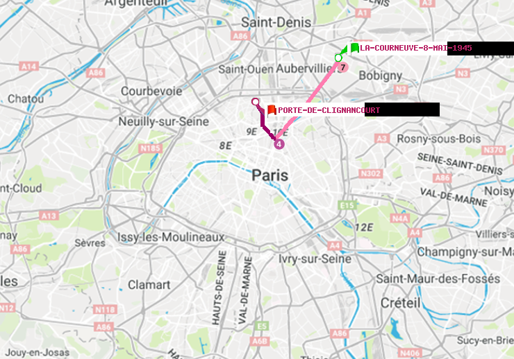 plan itinéraire ratp de La Courneuve-8-Mai-1945 à Porte de Clignancourt