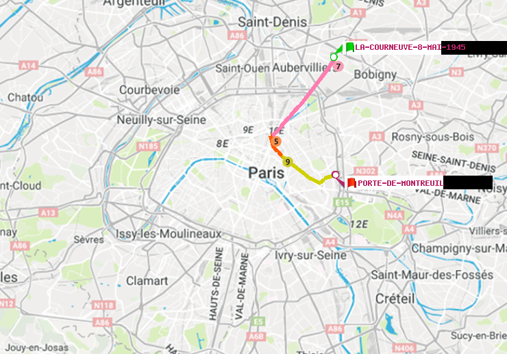 plan itinéraire ratp de La Courneuve-8-Mai-1945 à Porte de Montreuil