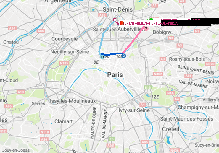 plan itinéraire ratp de La Courneuve-8-Mai-1945 à Saint-Denis-Porte de Paris