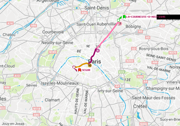 plan itinéraire ratp de La Courneuve-8-Mai-1945 à Ségur