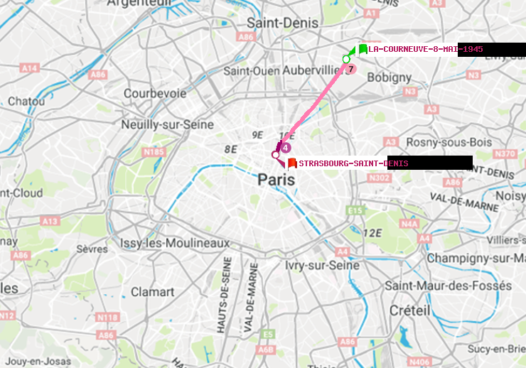 plan itinéraire ratp de La Courneuve-8-Mai-1945 à Strasbourg-Saint-Denis