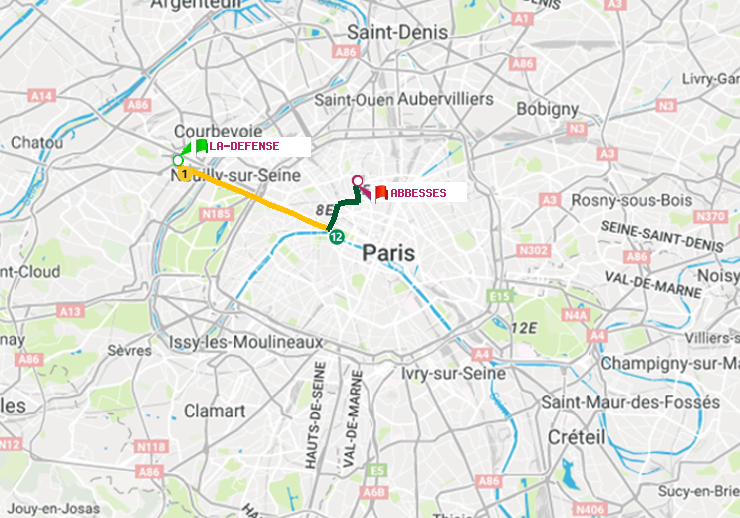 plan itinéraire ratp de La Défense (Grande Arche) à Abbesses