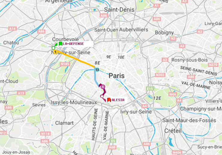plan itinéraire ratp de La Défense (Grande Arche) à Alésia