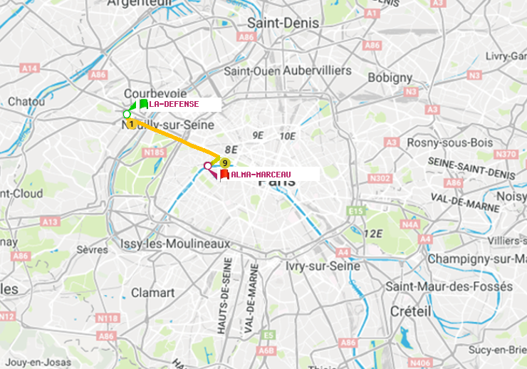 plan itinéraire ratp de La Défense (Grande Arche) à Alma-Marceau
