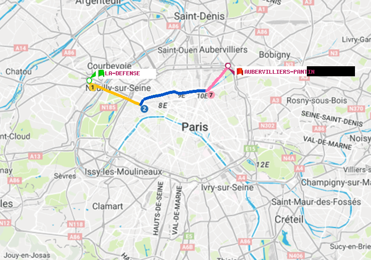 plan itinéraire ratp de La Défense (Grande Arche) à Aubervilliers Pantin (4 Chemins)