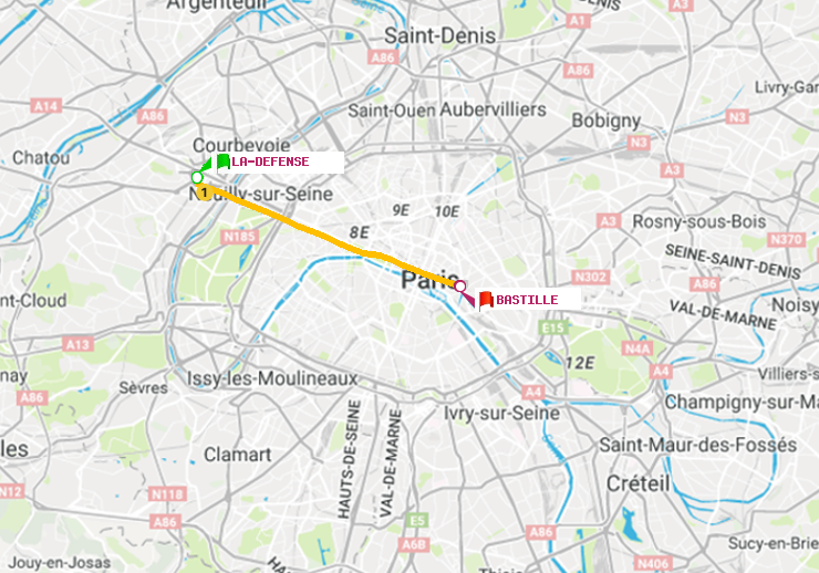plan itinéraire ratp de La Défense (Grande Arche) à Bastille