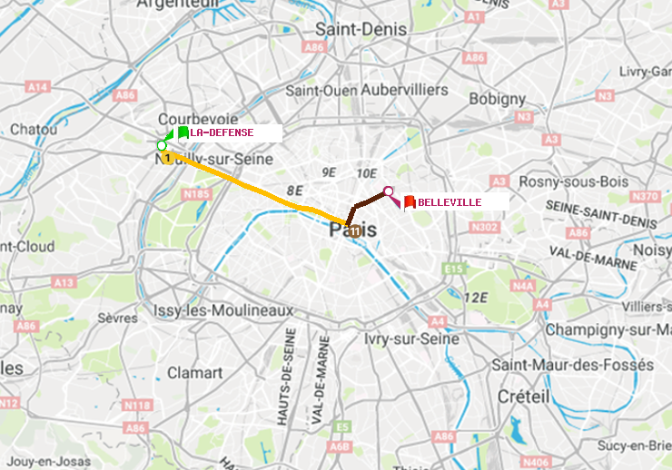 plan itinéraire ratp de La Défense (Grande Arche) à Belleville
