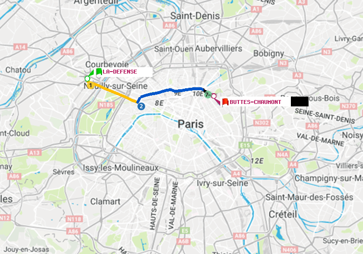 plan itinéraire ratp de La Défense (Grande Arche) à Buttes-Chaumont