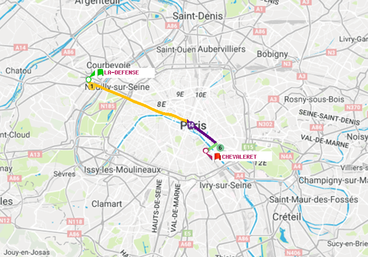 plan itinéraire ratp de La Défense (Grande Arche) à Chevaleret