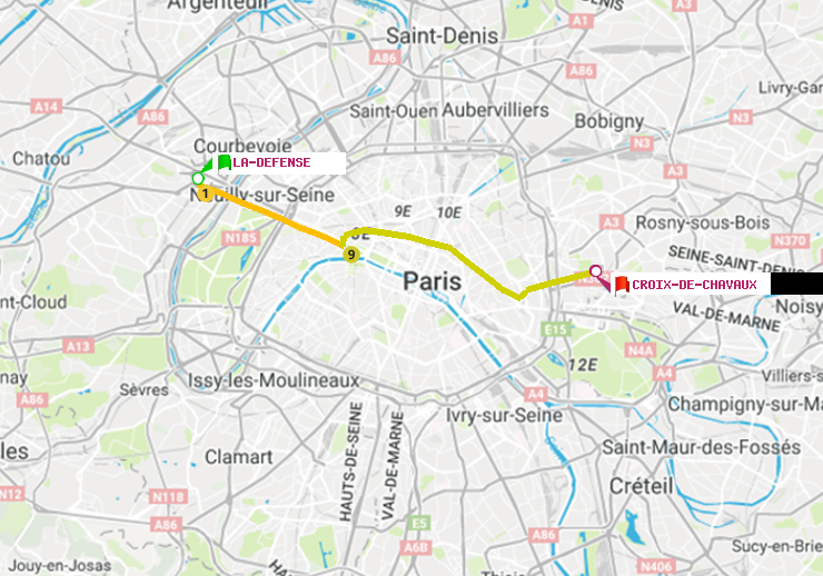 plan itinéraire ratp de La Défense (Grande Arche) à Croix-de-Chavaux (Jacques Duclos)