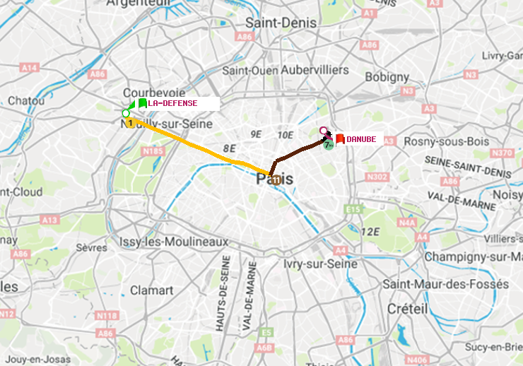 plan itinéraire ratp de La Défense (Grande Arche) à Danube