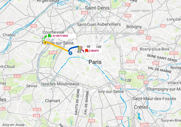 plan itinéraire ratp de La Défense (Grande Arche) à Europe