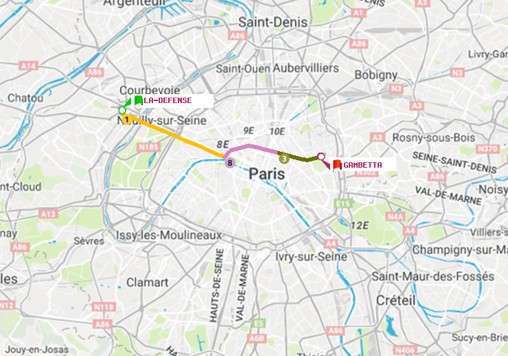 plan itinéraire ratp de La Défense (Grande Arche) à Gambetta