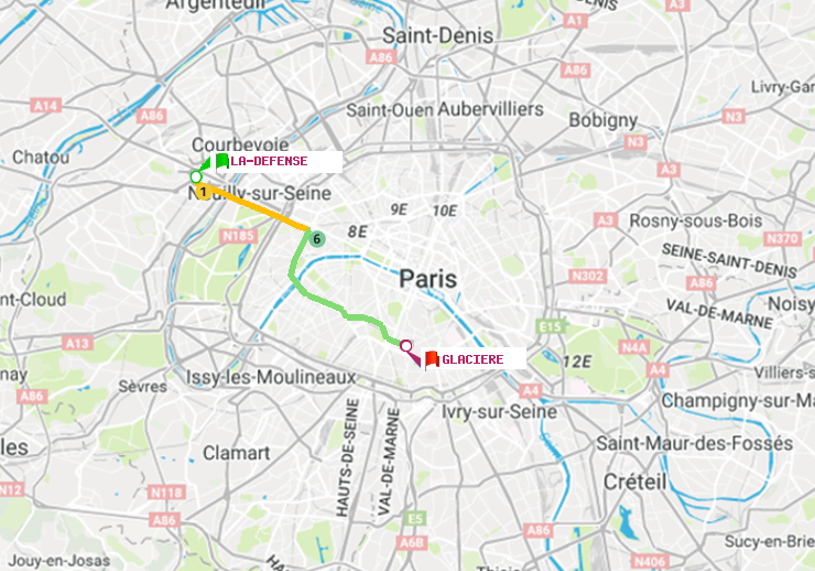 plan itinéraire ratp de La Défense (Grande Arche) à Glacière