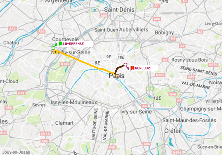 plan itinéraire ratp de La Défense (Grande Arche) à Goncourt (Hôpital Saint-Louis)