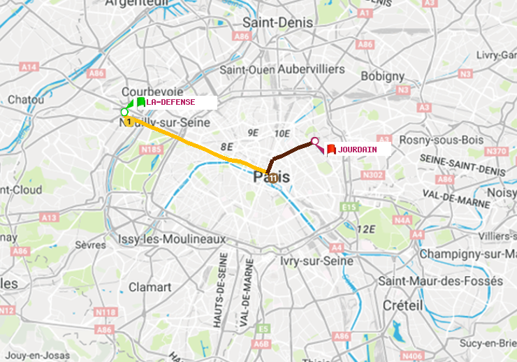 plan itinéraire ratp de La Défense (Grande Arche) à Jourdain