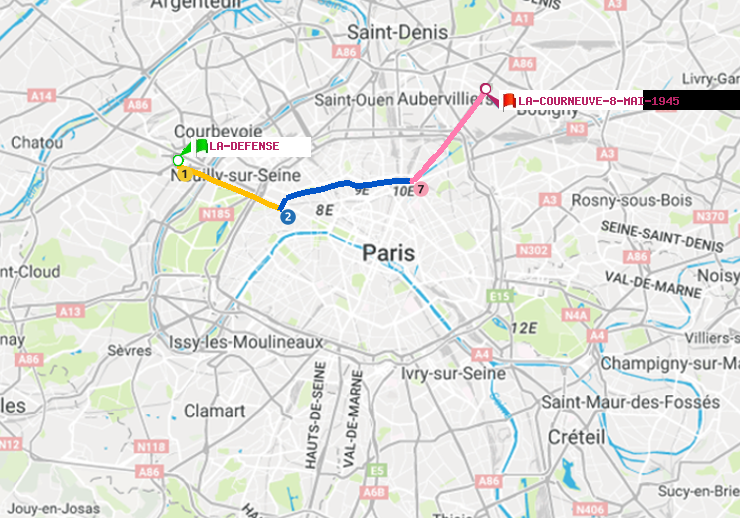 plan itinéraire ratp de La Défense (Grande Arche) à La Courneuve-8-Mai-1945