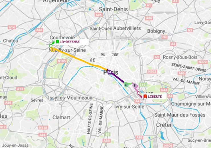 plan itinéraire ratp de La Défense (Grande Arche) à Liberté