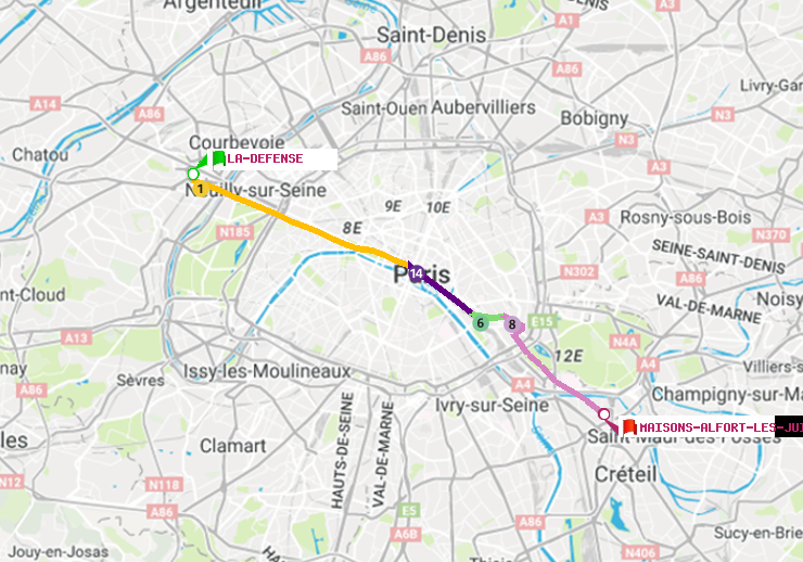 plan itinéraire ratp de La Défense (Grande Arche) à Maisons-Alfort-Les Juilliottes