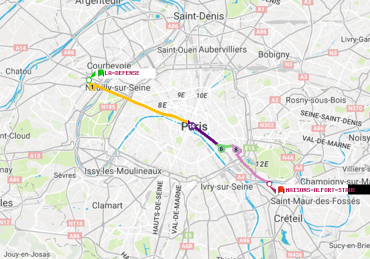 plan itinéraire ratp de La Défense (Grande Arche) à Maisons-Alfort-Stade