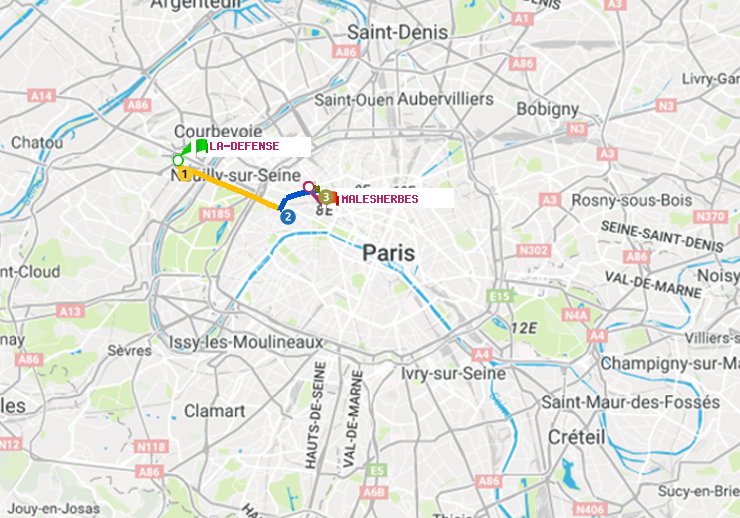 plan itinéraire ratp de La Défense (Grande Arche) à Malesherbes