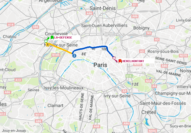 plan itinéraire ratp de La Défense (Grande Arche) à Ménilmontant