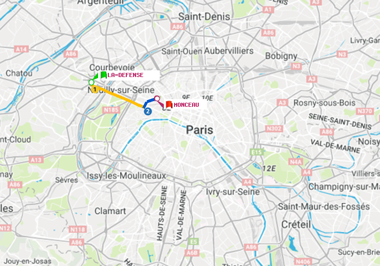 plan itinéraire ratp de La Défense (Grande Arche) à Monceau