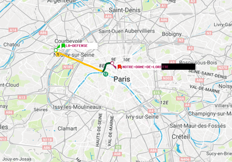 plan itinéraire ratp de La Défense (Grande Arche) à Notre-Dame de Lorette