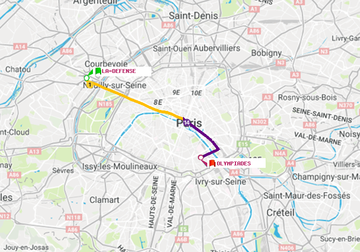 plan itinéraire ratp de La Défense (Grande Arche) à Olympiades