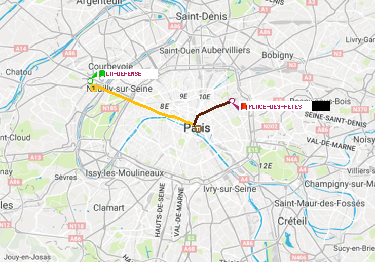 plan itinéraire ratp de La Défense (Grande Arche) à Place des Fêtes