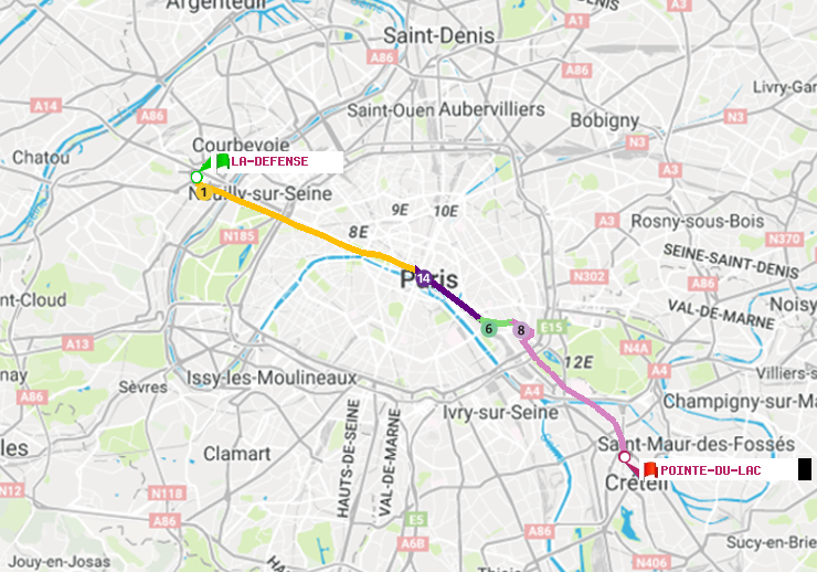 plan itinéraire ratp de La Défense (Grande Arche) à Pointe du Lac