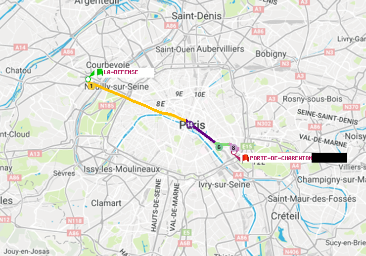 plan itinéraire ratp de La Défense (Grande Arche) à Porte de Charenton
