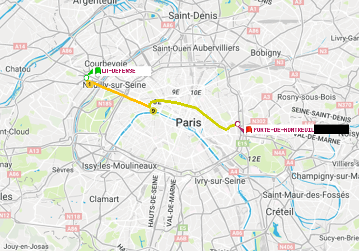 plan itinéraire ratp de La Défense (Grande Arche) à Porte de Montreuil